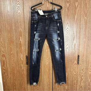Color 3 Collections NWT Womens Jeans Large Deep Blue Skinny Distressed High Pant